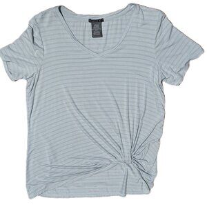 Matty M Women's V-Neck Twist Front Top Relaxed Fit Tee Green White Stripes